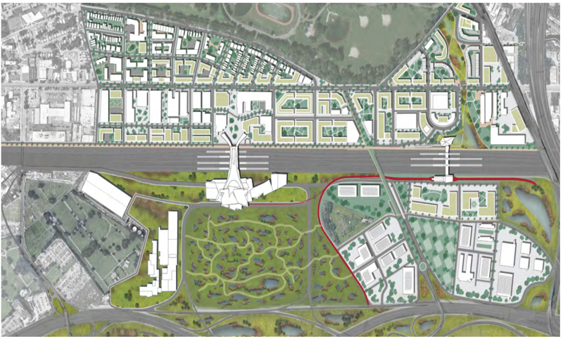 Conceptual map of Newark Airport City with new EWR headhouse at center separated from Dayton District by Northeast Corridor rail line