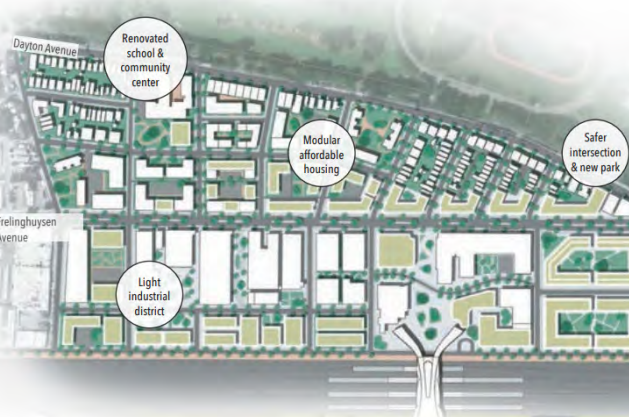 Conceptual map of Dayton District, to include renovated schools, modular housing, new park, and light industrial district