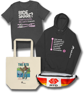 Collection of items sold by LA Metro, including tote bag, T-shirt, sweatshirt, and retro fanny pack