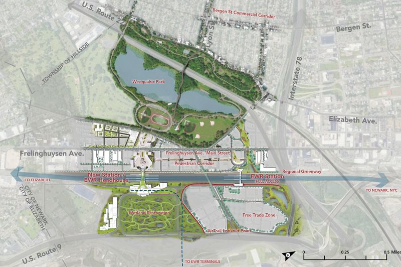 Map of Newark Airport City area, including proximity to Weequahic Park and proposed Frelinghuysten Avenue Main Street, New EWR Headhouse, wetlands protection, regoinal greenway, and free trade zone.