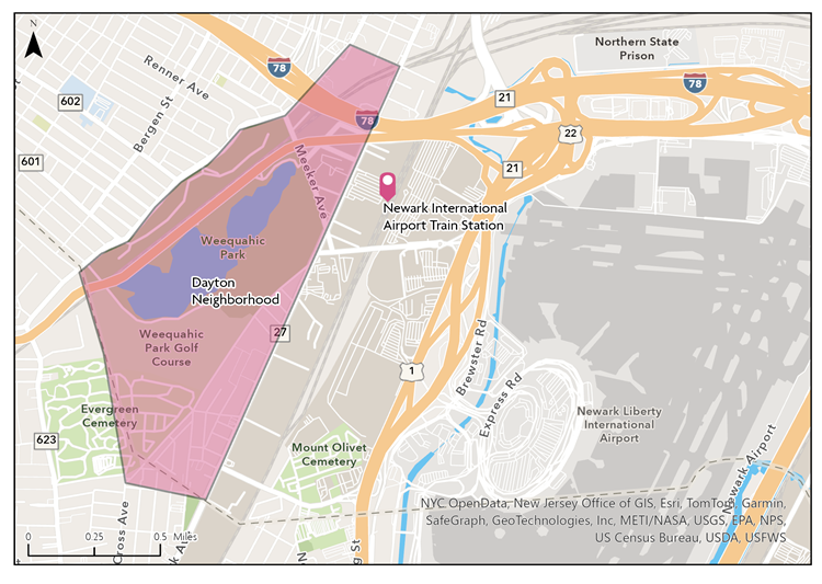 Map of Newark Airport vicinity with pin for Airport Train Station and shaded polygon around Dayton neighborhood borders