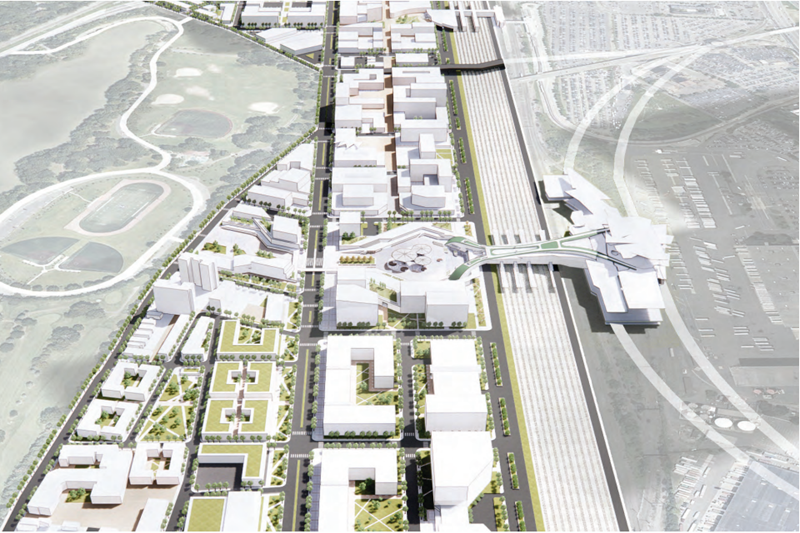 Conceptual rendering of new EWR Headhouse looking east with Weequahic Park on left, across Northeast Corridor rail line